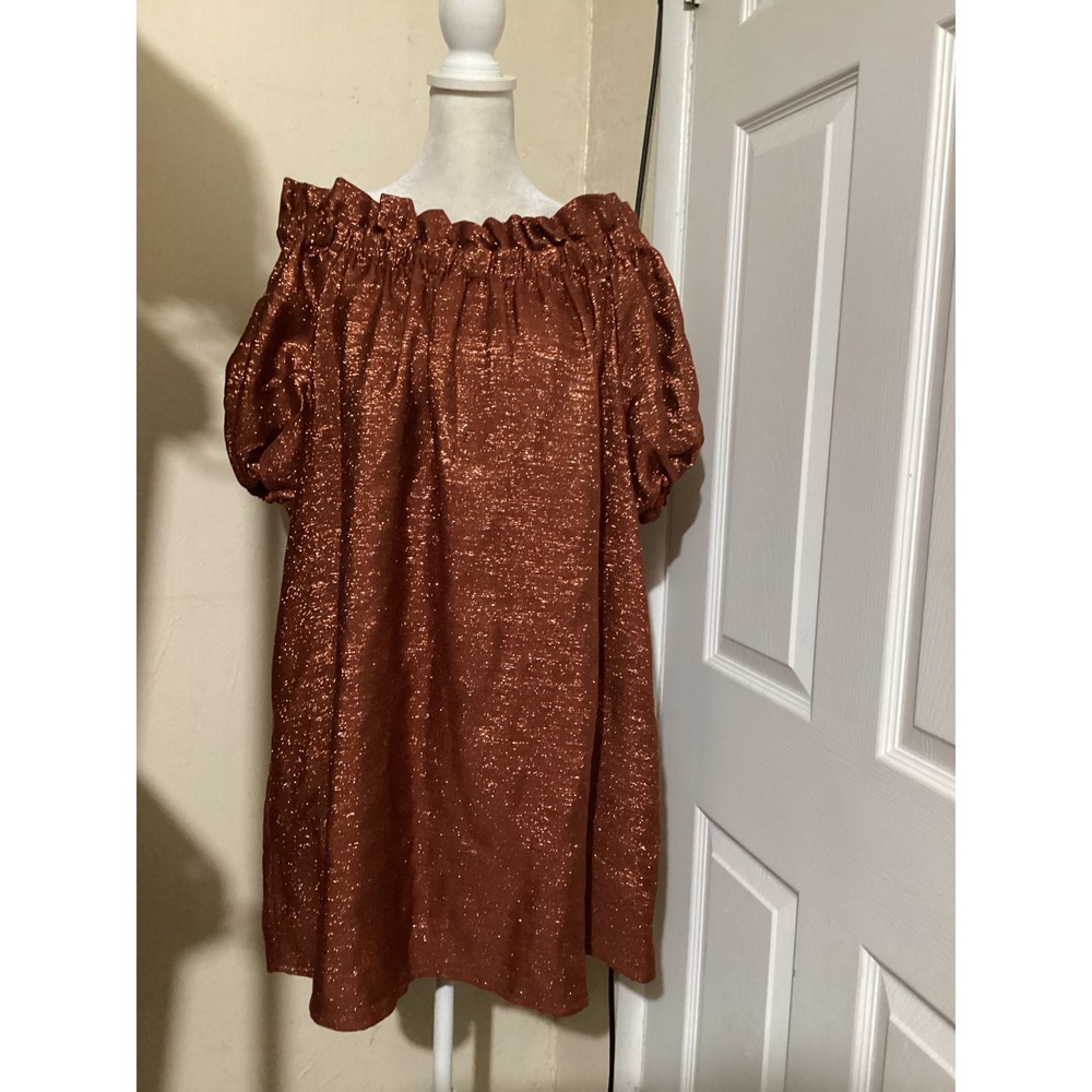 Sezane Editions Metallic Copper Off Shoulder Puff Sleeve Dress Rust Orange EU 38